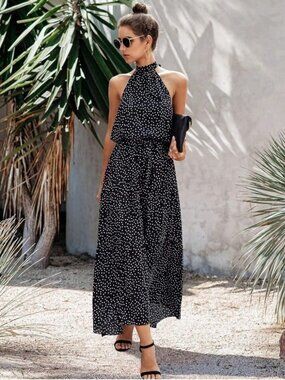 Polka Dot Halter Tiered Sleeveless Maxi Dress Large Lined Belt Elastic Waist